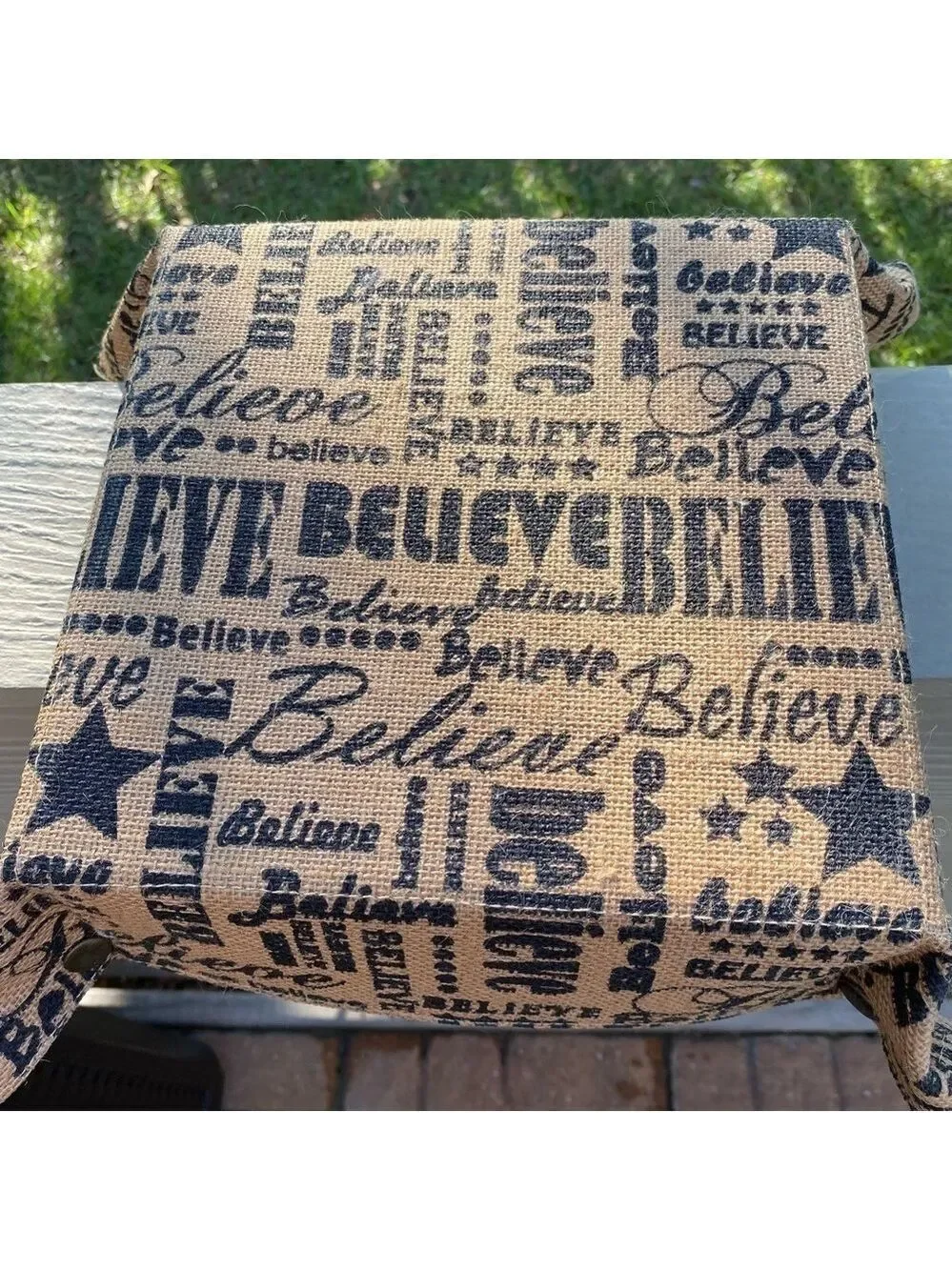 Burlap ‘Believe’ Basket. 10” square. Cute corners with snaps. Many uses 3” tall